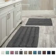 Chenille Bath Mat Non Slip Bath Mat Set for Bathroom Extra Thick Soft Striped Bath Rug Water Absorbent Shag Carpet for Indoor Kitchen