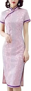 [Generic] Floral Lace Cheongsam Embroidery Vintage Fashion Short Sleeve Side Slit Qipao Chinese New Year Tradtional Costume