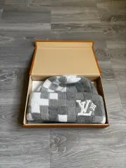Louis Vuitton Pharrell Mens Grey Pearl Beanie Damoflage Damier Print