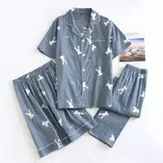 Couple Matching Pajama Set: Print Shirt + Pants + Shorts (Various Designs) Set of 3 - Men - Shirt & Pants & Shorts - Rabbit - Dark Blue - L