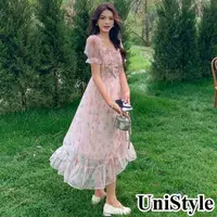 在飛比找momo購物網優惠-【UniStyle】短袖洋裝 韓系法式蝴蝶印花飄逸浪漫風 女