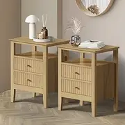 [OIKITURE] Natural Wood Bedside Table – Sleek Drawers & Open Shelf for Effortless Organisation Side Table 2PC