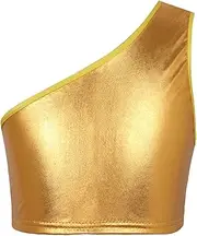[Choomomo] Girls Shiny Metallic Crop Top Dancewear Kids One Shoulder Tank Tops Athletic Yoga Training Sport Bra