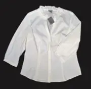 NWT Ann Taylor White 3/4 sleeve ruffle collar women's button up Shirt Top 2