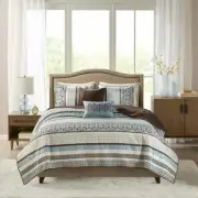 NEW! ~ COZY CHIC LODGE LOG CABIN BLUE WHITE BROWN GREY LEAF GEOMETRIC QUILT SET