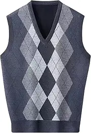 [SWJGLITTR] Mens V Neck Knitwear Vest Argyle Sweater Sleeveless Vests Lightweight Cotton Pullover Waistcoats, Dark Grey, Large