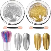 2 Jar Gold Silver Chrome Nail Powder Chrome Powder Nails, Mirror Effect Metallic Crome Powder Nails Glitter Nail Powder Nail Design, Belt One Nail Brush