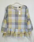 Ann Taylor Shirt Women's Sz Large Yellow Blue Plaid Gingham Check Peplum Top NWT
