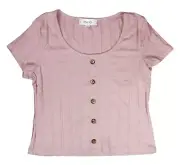 Pink Rose Faux Button Front Short Sleeve Juniors T-Shirt Top L NWT Sweet Rose