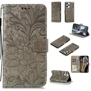 For iPhone 12 / 12 Pro Case, Lace Flower Folio PU Leather Case, Card Slots, Wallet, Grey
