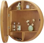 Solid Wood Round Mirror Cabinet for Bathroom, Bedroom, Wall Mounted Mirror Cabinet, 2 in 1 Mirror Cabinet, Wall Mounted Mirror Cabinet, Bathroom Storage (Wood 2, 60cm)