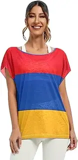 [RPLIFE] Rainbow Color Blurred Lines Copy Spacebanner Womens Summer Tops Womens Shirts with Loose Sleeves, S-XXL Casual Top