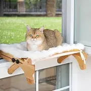 Cat Window Perch & Bed 2-in-1 with Removable Plush Cushion - Rubberwood Window Sill Seat & Orthopedic Cat Bed for Cats Multi-Level Furniture with Durable Frame, Natural Wood Finish