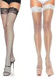 [Hi.FANCY] 2 Pairs Women's Lace Top Fishnet Thigh-High Stockings Thigh Hold Up Fishnet Stockings Hold Up Sexy Fishnet Hold Up Stockings Fishnet For Women Fishnet Stockings (White + Black), Black, One