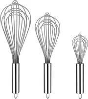 TEEVEA ((Upgraded) 3 Pack Very Sturdy Kitchen Stainless Steel Balloon Wire Set Egg Beater for for Blending Whisking Beating Stirring Cooking Baking,