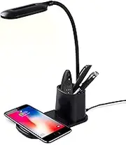 LED Desk Lamp with Wireless Charger, Touch Control Table Lamps with 360°Flexible Metal Hose & Pen Holder, 3 Color Modes Eye-Caring Office Lamp, Desk Light for Home, Office, Bedroom (Black, Keadeso)