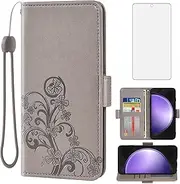 [Asuwish] Compatible with Samsung Galaxy S23 FE 5G Wallet Case and Tempered Glass Screen Protector Flip Wrist Strap Credit Card Holder Stand Cell Phone Cover for S 23 EF S23FE 23S Women Men Grey