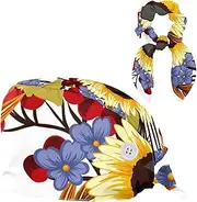 [FVQL] Set of 1 Working Hat with Hair Scrunchy, Scrub Caps Women, Sunflowers and Flower Leaf