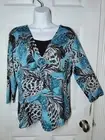 JM Collection Teal Gray Jewel 3/4-Sleeve Feather Print Stretch Blouse Top PL NWT