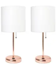 Lalia Home Rose Gold Stick Lamp With USB Charging Port And Fabric Shade 2pk Set