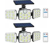 2 Pack 138 LED 2200LM Solar Outdoor Spotlights with Remote Control, IP65 Waterproof, 3 Adjustable Heads, 270° Wide Angle, Light