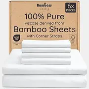 Bambaw King Size Cooling Sheets Set 6pcs - 100% Viscose Derived from Bamboo Sheets Deep Pocket, Fits Up to 16'' with Elastic Corner Straps, King Size Soft Sheets, Breathable Sheets (White)