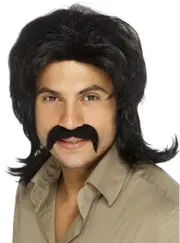 Retro 70s Mens Black Costume Wig And Moustache Set