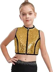 [Loodgao] Kids Girls Modern Dance Costumes Shiny Sequins Crop Top Jazz Hip Hop Dancewear Stage Performance Outfits