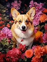 5D Diamond Painting Kits by Number for Adults Corgi & Flowers Background Diamond Art Full Round Drill Crystal Rhinestone Embroidery Cross Stitch Craft Kits for Home Wall Decor Gifts 30x40cm