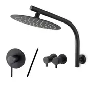 WELS Round 10'' Ultrathin Stainless Steel Rainfall Shower Head Gooseneck Wall Arm / Mixer Tap / Twin Taps Black