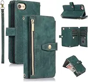 UEEBAI Case for iPhone 7 Plus/iPhone 8 Plus, 9 Card Slots Retro Leather Wallet Shockproof Flip Cover with Hand Strap Card Slots Zipper Pocket Kickstand Handbag Magnetic Closure - Retro Green