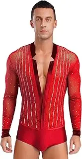[TiaoBug] Mens Shiny Rhinestones Ballroom Dance Shirts Long Sleeve Leotard Salsa Jazz Tango Bodysuit
