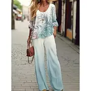 Women's Blouse 3/4 Length Sleeve U Neck Ombre Floral Graphic Print Outdoor Vacation Casual Black Light Green Sky Blue Summer Loose Fit