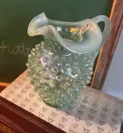 Fenton Hobnail Iridescent Opalescent Willow Green Glass Pitcher 5 1/2”