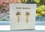 New Tory Burch White Pearl Drop earrings in Gold Women