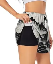 [GaxfjRu] Chinese Landscape Painting Print Women's Running Shorts High Waisted Running Shorts Pocket Sporty Gym Elastic Short