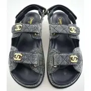 Chanel 21A Gray Velvet Denim CC Logo Mule Slide Strap Flat Teva Dad Sandal 38
