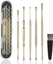 Hion 6 Pcs Ear Wax Removal Kit,Professional Double-Headed Ear Pick Earwax Removal Tools,316L Stainless Steel Ear Cleaner Curette with Cleaning Brush and Storage Box,Suit for Kid Adult(Gold)
