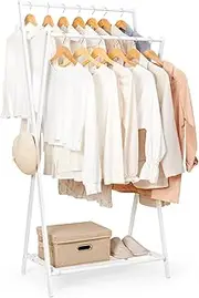 [Cozivolife] Bamboo Clothes Rack with Storage Shelf, Portable Garment Holder Clothing Hanger for Hanging Cloth, Foldable Wardrobe Storage for Entryway and Bed Room (White)