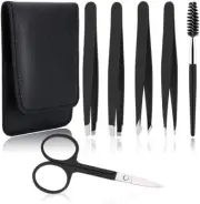 Eyebrow Hair Remover Stainless Steel Tweezer Set w/ Scissors Brush & Travel Case