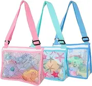 Adjustable Beach Toys Mesh Bag, 3 Pcs Kids Shell Collecting Bag With Zipper, Sand Toy, Seashell Bag for Pool Swim Holding Shells