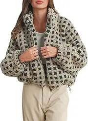 [Esmeling] Women’s Long Sleeve Cropped Sherpa Fleece Plaid Jacket Casual Chunky Teddy Fleece Outerwear
