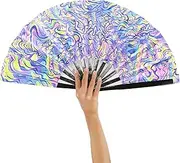 AMQTSLM UV Glow Large Rave Bamboo Folding Clack Hand Fan,Rave Hand Fan Large Folding Fans,Rave Fan for Men/Women Handheld Fan Dance Fan for EDM,Music Festival,Club,Freaky,Party,Gift (Waves)