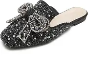 [SAFECAMS] Women's Rhinestone Bow Flat Mules Comfortable Square Toe Slip on Penny Loafers Ladies Baotou Clogs Half Slides Mules