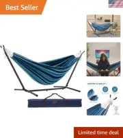 Cotton Double Hammock Steel Stand 450 lb Capacity Portable Relaxation