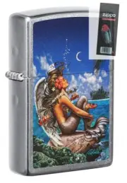 Zippo 49688 Rick Rietveld Mermaid Design Street Chrome Lighter + FLINT PACK