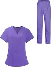 Scrub Top and Pants Machine Washable V Neck Elastic Waist with Pocket Scrubs Set for Women Nurse Uniform Esthetician Workwear, Purple S