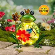 Solar LED Frog Garden Statue Glass Floral Lighted Outdoor Yard Patio Sculpture