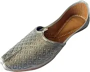 [Step n Style] Men's Flat Silver Wedding Khussa Shoes Traditional Indian Leather Loafer Punjabi Jutti