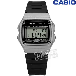 CASIO / F-91WM-1B / 卡西歐 計時碼錶 LED照明 鬧鈴 電子數位 橡膠手錶 灰黑色 33mm